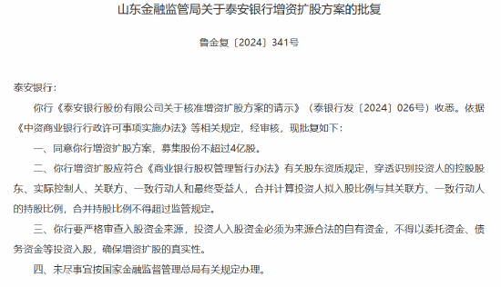 泰安银行增资扩股方案获批 募集股份不超过4亿股-第1张图片-拉菲红酒总代理加盟批发官网