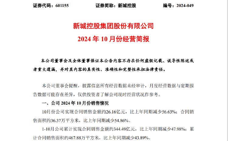 新城控股10月合同销售额仅26亿，同比大减近57%，当月租金收入不如预期引质疑-第1张图片-拉菲红酒总代理加盟批发官网