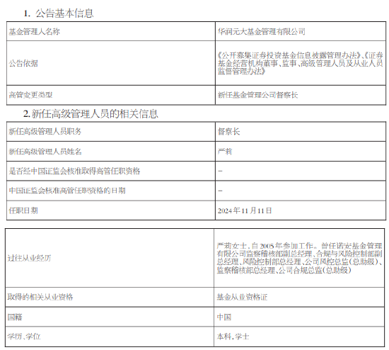 华润元大基金新任严莉为督察长 曾任职于诺安基金-第1张图片-拉菲红酒总代理加盟批发官网