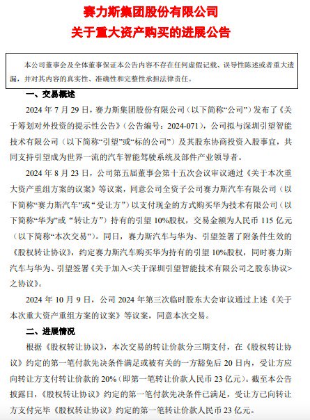 购买引望股权第一笔转让价款支付完毕！赛力斯三季报出炉，前三季度营收超1000亿元  第3张