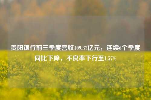 贵阳银行前三季度营收109.37亿元，连续6个季度同比下降，不良率下行至1.57%